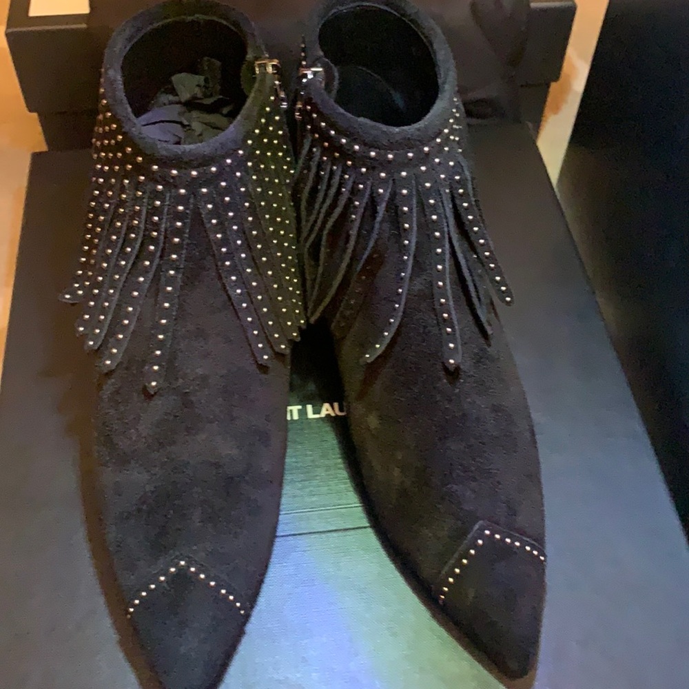 Saint Laurent black fringe suede ankle boots